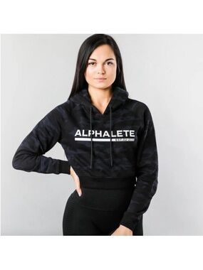 NWT Alphalete Camo Cropped Hoodie Black Logo Fleece Lined Sweatshirt XS